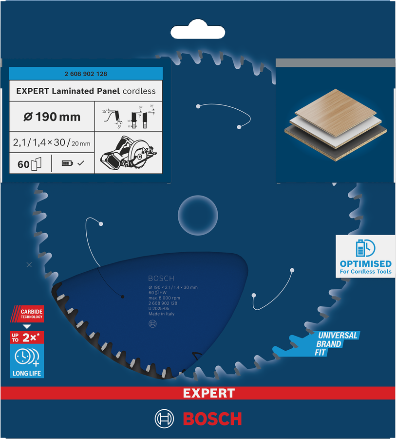 Bosch EXPERT lamineeritud paneelide akuga ringsae tera 190 mm.